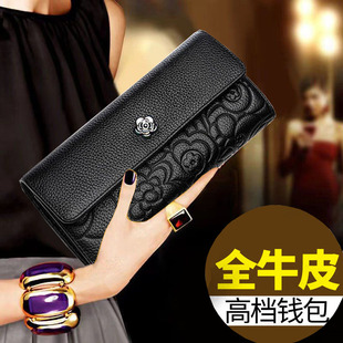 2026新款山茶花真皮钱包女长款精致钱夹百搭女士牛皮小手包