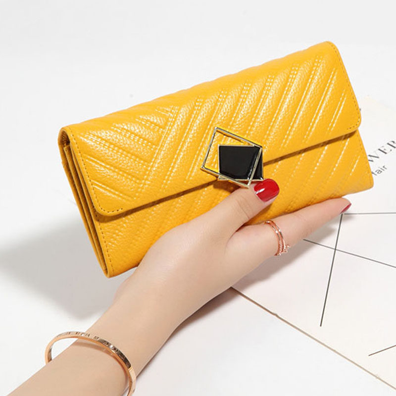 2024新款时尚黄色招财钱包女士长款欧美大容量钱夹真皮大容量