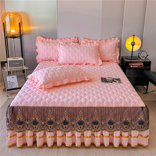欧式夹棉水洗棉蕾丝床裙三件套纯色加厚床罩床头罩防滑床垫套