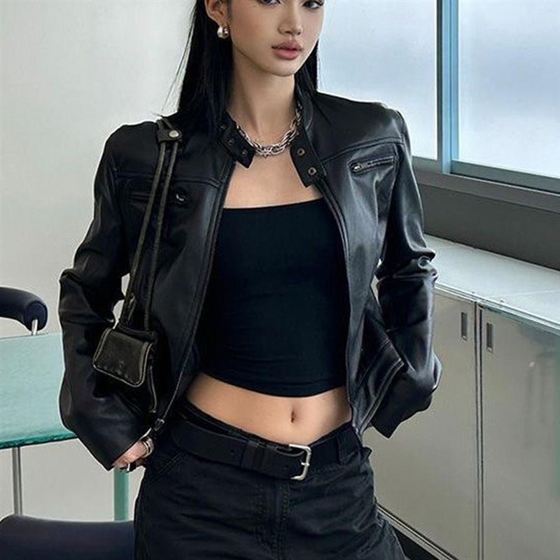 辣妹短款黑色机车皮衣外套女春秋季新款美式设计感修身夹克上衣