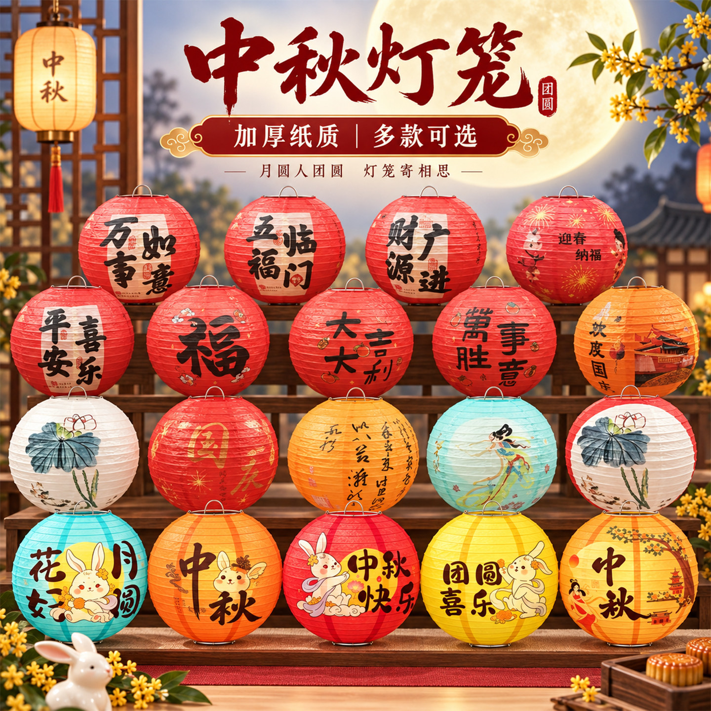 中秋节灯笼传统古风折叠圆形喜国庆纸灯笼挂饰装饰氛围庆场景布置