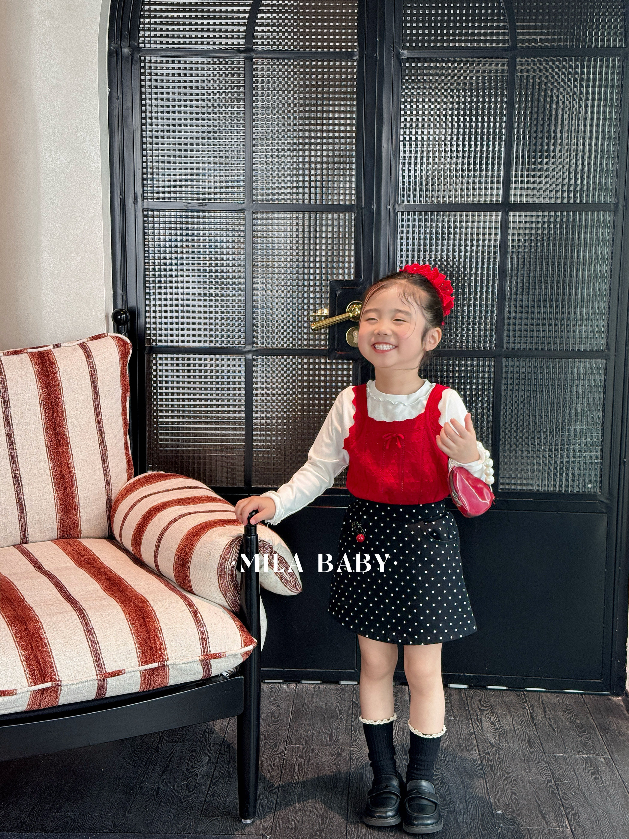 mila baby2025春季新款女童复古针织背心童装马甲波点半身裙短裙