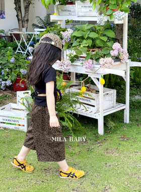 MILA BABY女童夏季洋气系带纯色T恤上衣儿童复古豹纹裤七分裤