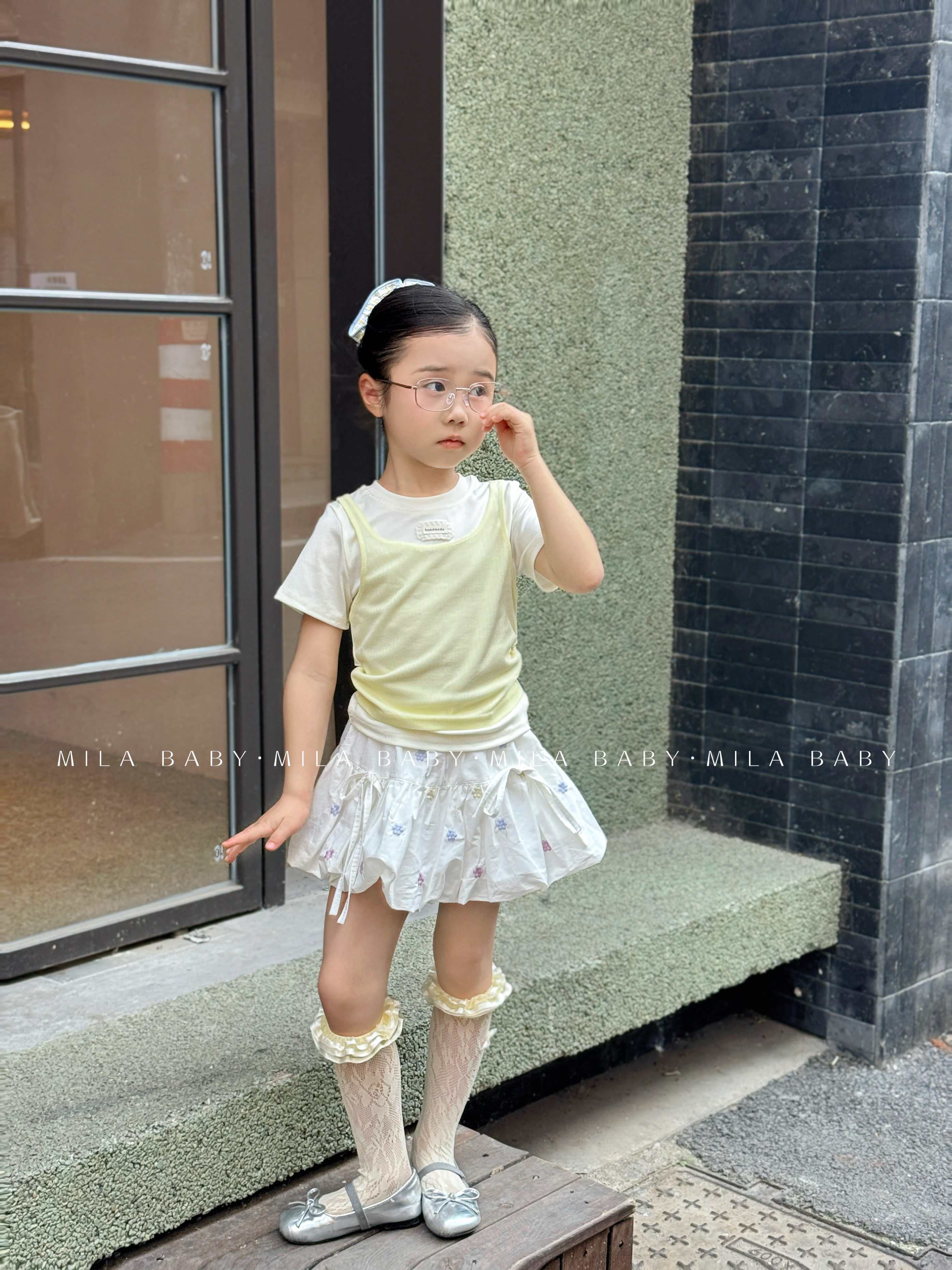 MILA BABY2026夏季新款女童韩版假两件短袖儿童百搭上衣宝宝半裙