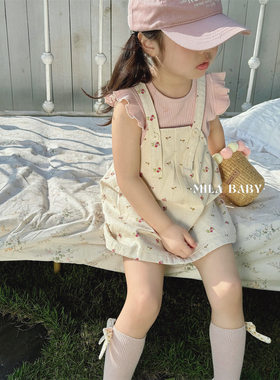 MILA BABY2024夏季新款女童碎花背带裙韩版儿童甜美吊带裙飞袖衫