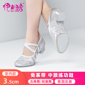 银色带跟舞蹈鞋 古典舞鞋 女成人软底帆布练功鞋 教师专用中跟跳舞鞋