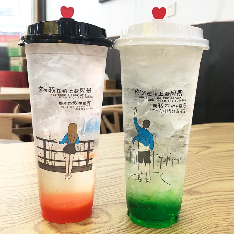 500/700ml塑料杯带盖果汁