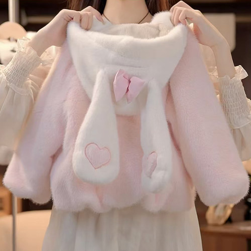 宝宝皮草外套2025新款儿童甜美兔耳朵连帽加绒毛毛衣秋冬加厚保暖