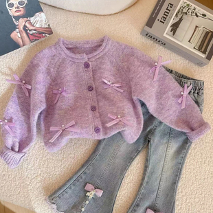 女童套装2025新款洋气儿童装宝宝春秋时尚蝴蝶结针织开衫牛仔裤潮