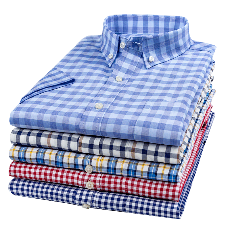 纯棉青年薄款格子短袖衬衫