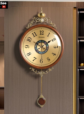 瑞士Clean ktee欧式复古实木挂钟客厅高档轻奢钟表挂墙静音时钟