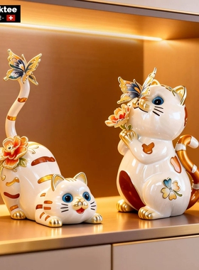 珐琅彩可爱猫咪摆件客厅玄关装饰