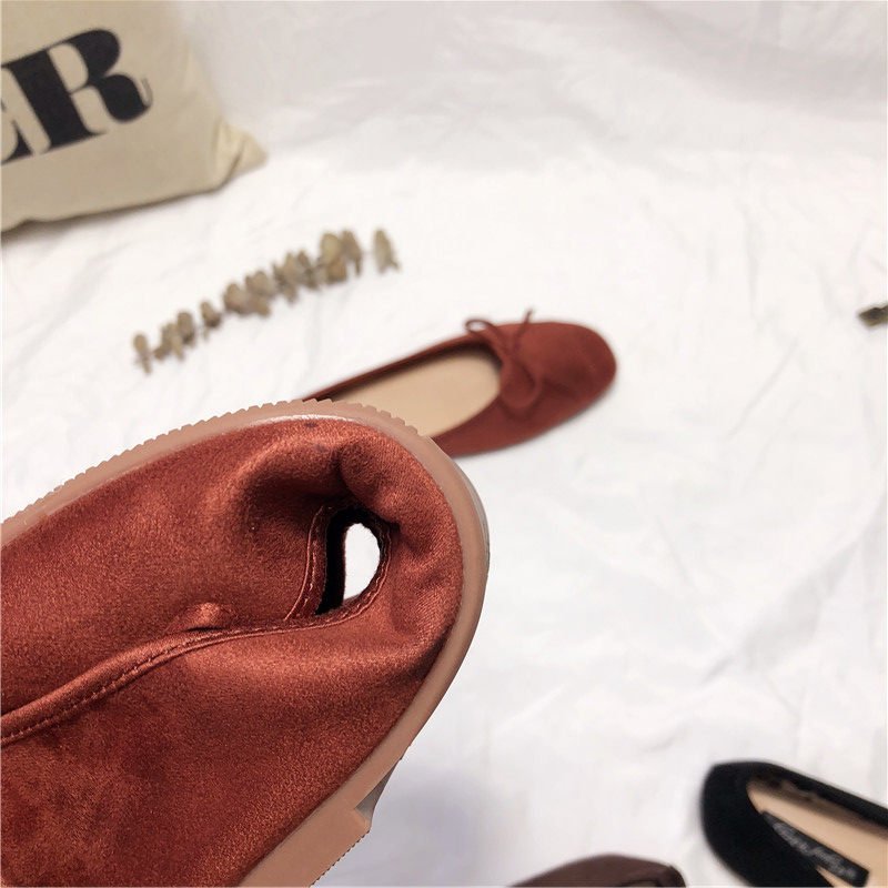 여학생을위한 한국 소형 싱글 신발 발레 스퀘어 발가락 얕은 입 활 미끄럼 방지 스웨이드 플랫 힐 소프트 솔 대형 스쿠프 신발