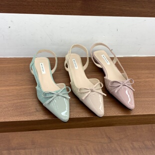 小香风低跟杏色蝴蝶结包头凉鞋女鞋子2026新款春夏配裙子尖头单鞋
