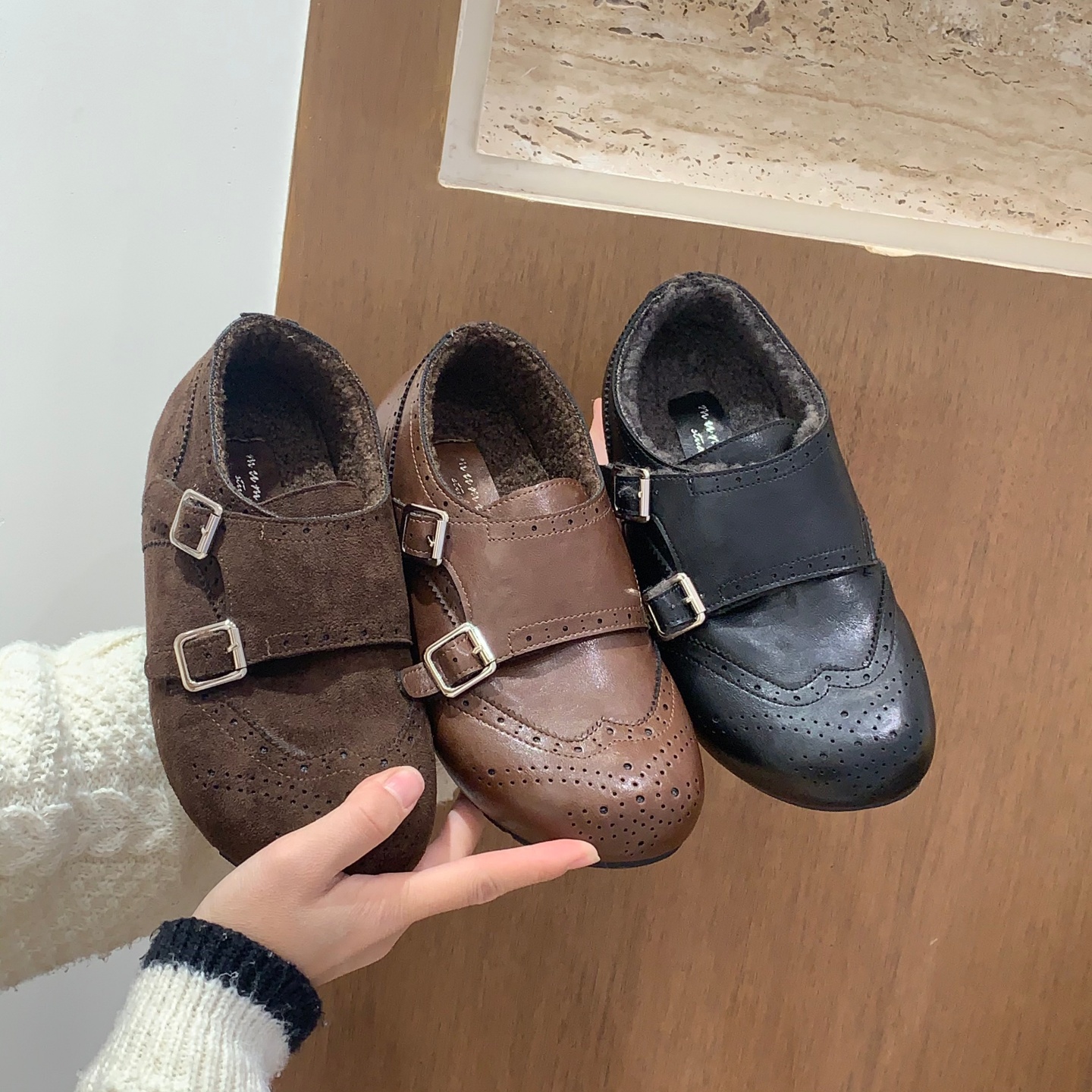 内增高布洛克复古风保暖加绒乐福鞋女秋冬毛毛鞋一脚蹬单鞋小皮鞋