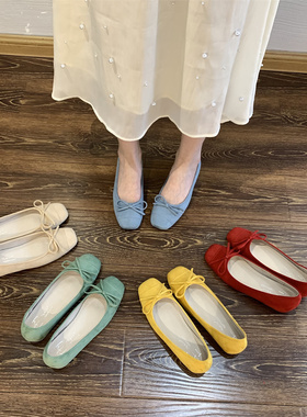 软底不累脚黄色芭蕾舞单鞋女2026新款法式小众晚晚风绒面奶奶瓢鞋