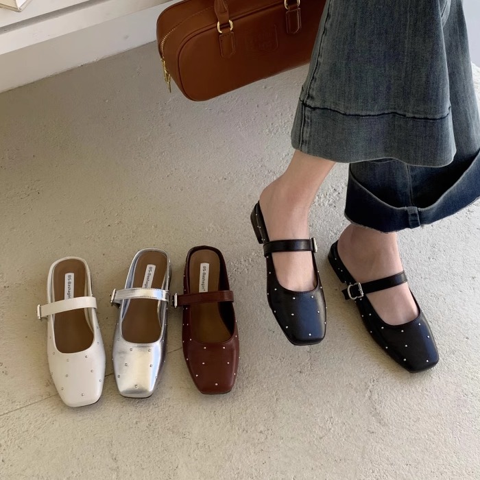 粗跟气质包头半拖鞋外穿女鞋子2025年春夏新款方头浅口一字带凉拖