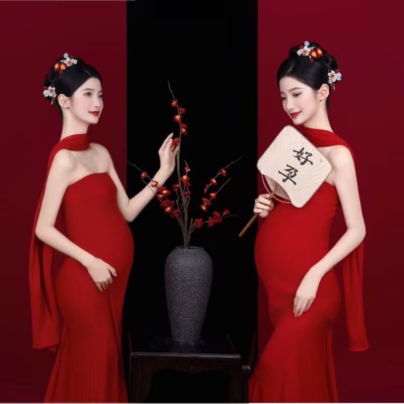 影楼新款孕妇拍照礼服主题红色修身时尚抹胸裙孕妈艺术照摄影服装
