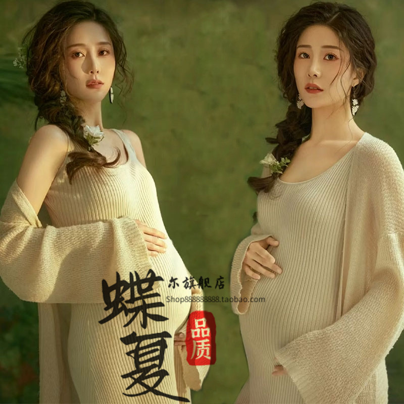 影楼孕妇写真照温柔风针织吊带裙