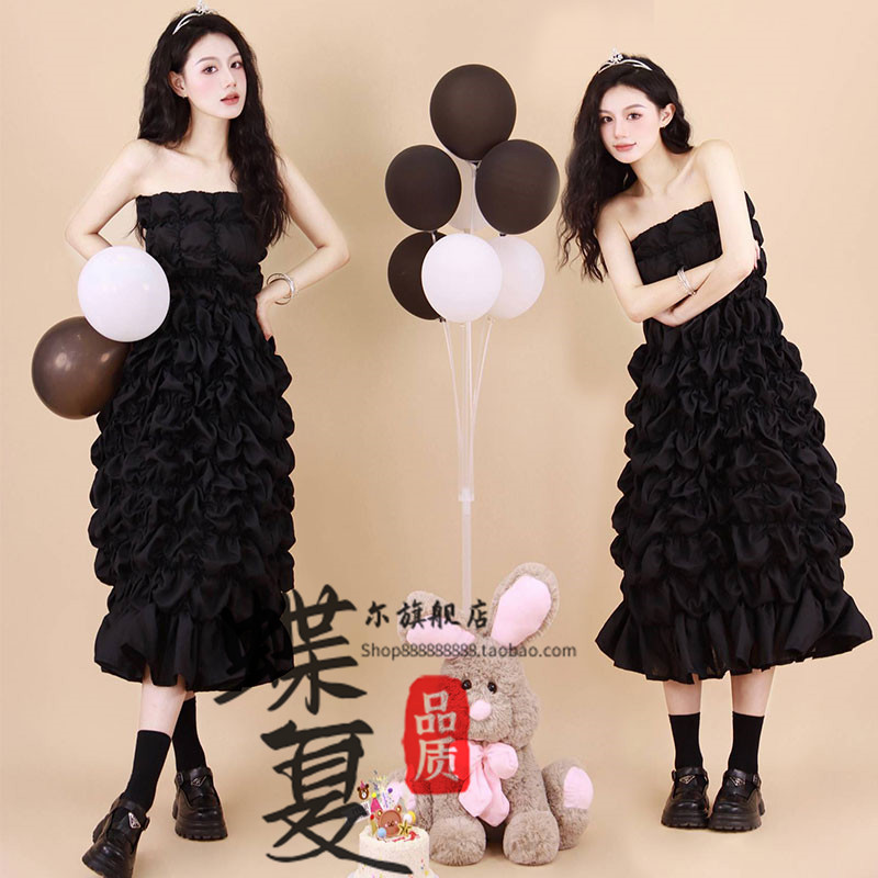 影楼少女写真摄影服装新款法式甜美可爱公主风粉色泡泡蓬蓬连衣裙