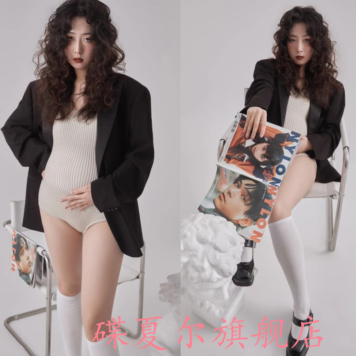 孕妇摄影服装西装黑色新款港风影楼孕妇写真拍照片杂志封面服装