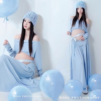 影楼新款孕妇摄影拍照服装清新甜美蓝针织套装孕妈咪大肚照在家拍