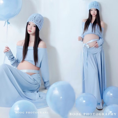 影楼新款孕妇摄影拍照服装清新甜美蓝针织套装孕妈咪大肚照在家拍