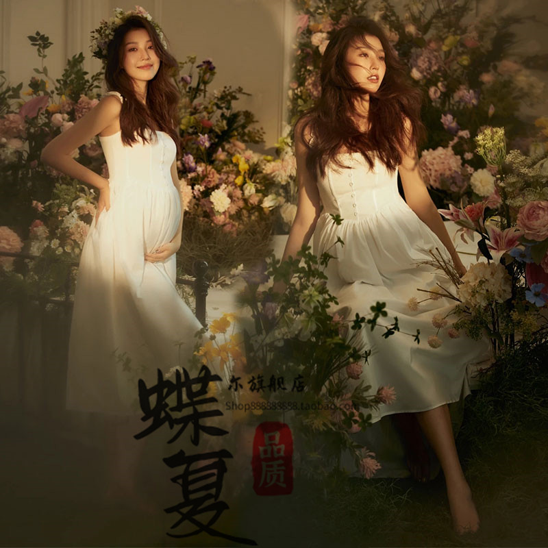 孕妇照衣服新款法式度假风高级感超仙白色吊带连衣裙影楼摄影服装