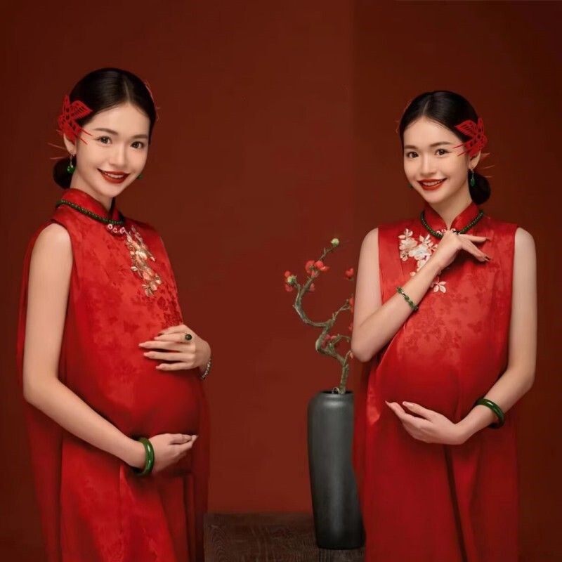 影楼孕妇照服装新中式国风新款红色性感主题孕妇照写真衣服在家拍