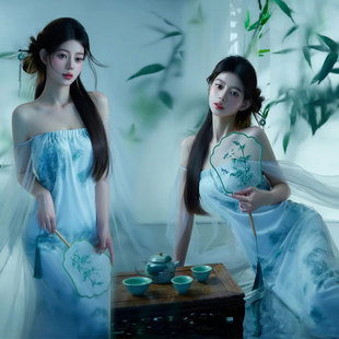 氣質水墨畫抹胸裙攝影服裝 復古新中式 24孕婦影樓寫真主題拍照新款