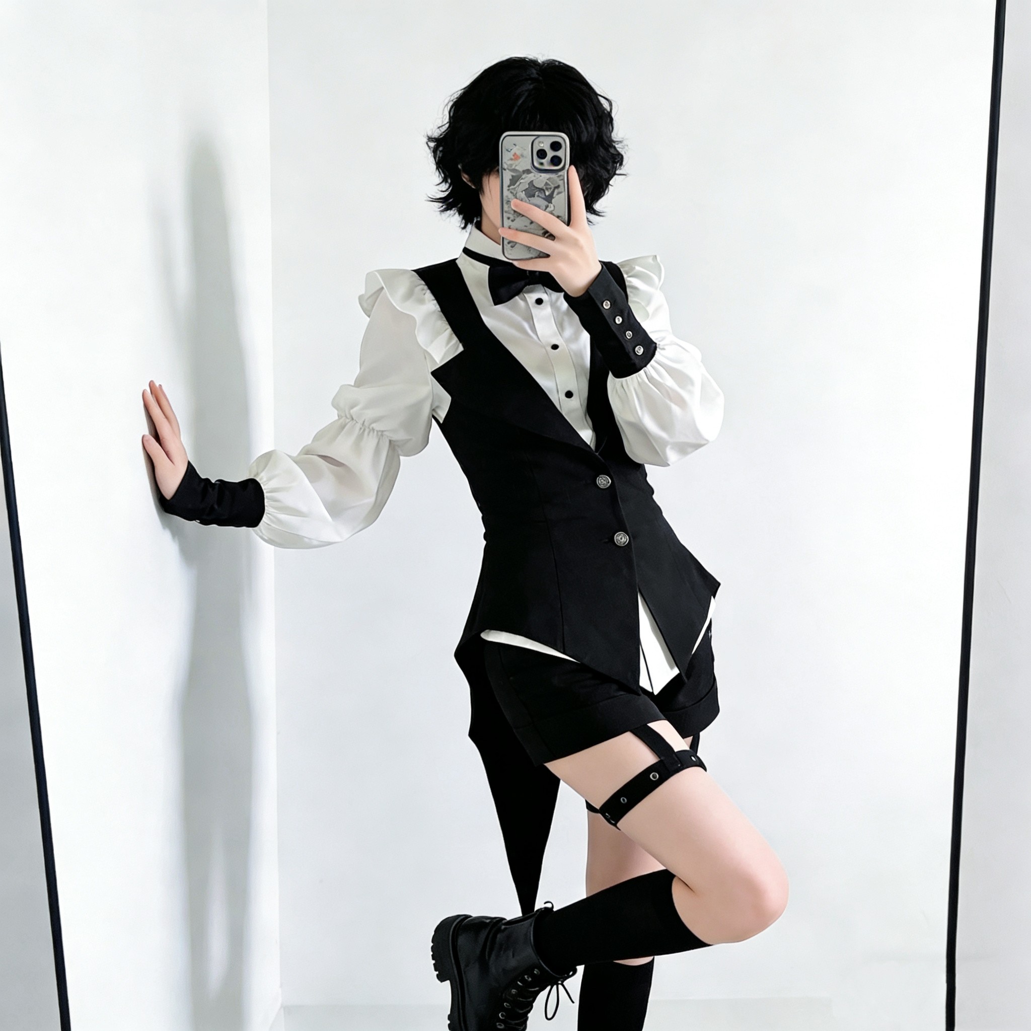 Lolita王子系白色衬衫黑色马甲背心短裤套装哥特风亚文化正太基佬