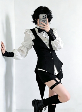 Lolita王子系白色衬衫黑色马甲背心短裤套装哥特风亚文化正太基佬