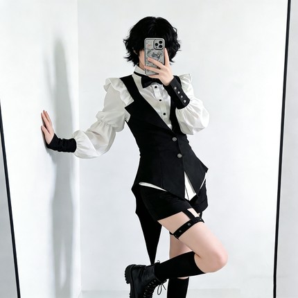 Lolita王子系白色衬衫黑色马甲背心短裤套装哥特风亚文化正太基佬