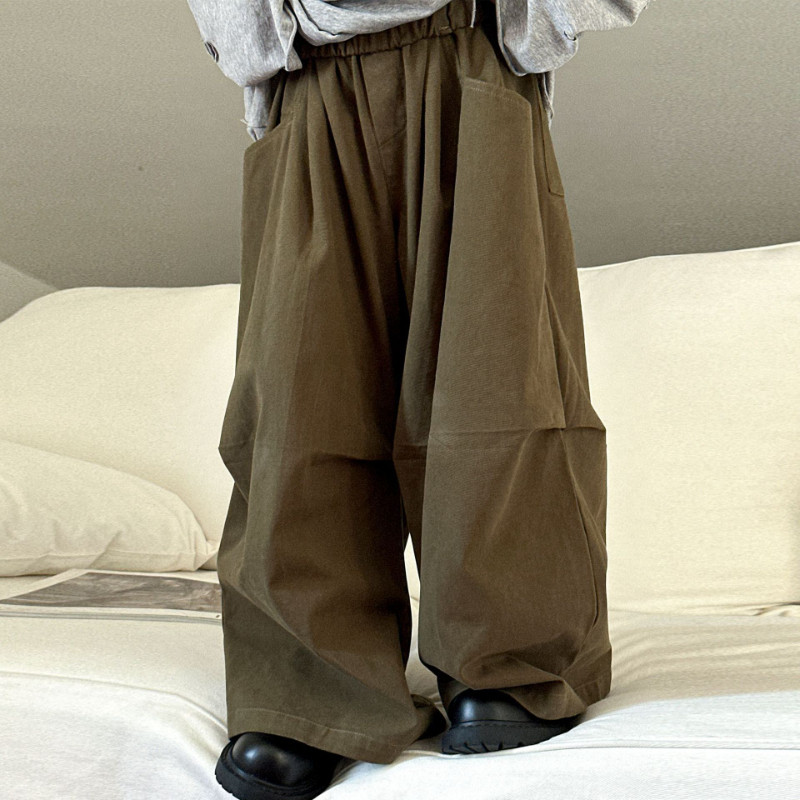 SAELAC阔腿裤宽松慵懒风男童炸街痞帅宽松型2025新款韩版褶皱长裤