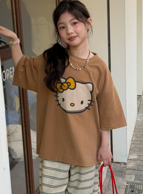 SAELAC女童TK猫短袖T恤纯棉韩版百搭印花宽松上衣圆领时尚潮范