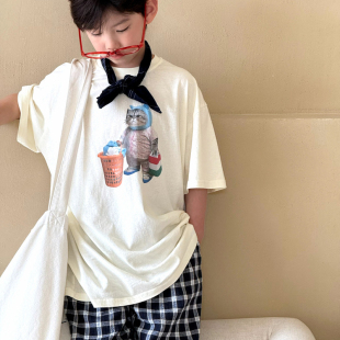 SAELAC男童短袖t恤2025新款潮牌痞帅风薄款炸街卡通印花宽松上衣