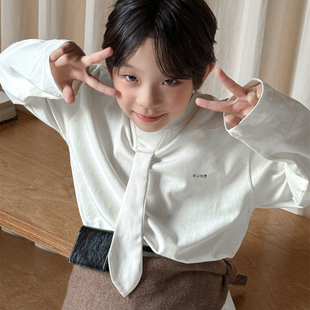 SAELAC童装男童T恤帅气时髦韩版领带长袖儿童学院风上衣潮酷炸街