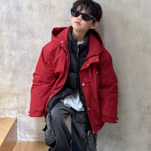 SAELAC红色春节款男童冲锋衣三合一可拆卸羽绒内胆儿童连帽外套潮