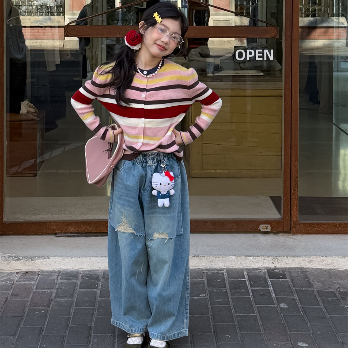 蓝色儿童破洞牛仔裤男女童痞帅风拼接宽松阔腿显瘦洋气直筒长裤潮