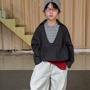 SAELAC儿童衬衫拼接假两件男童高级感痞帅风长袖设计感时尚帅气韩