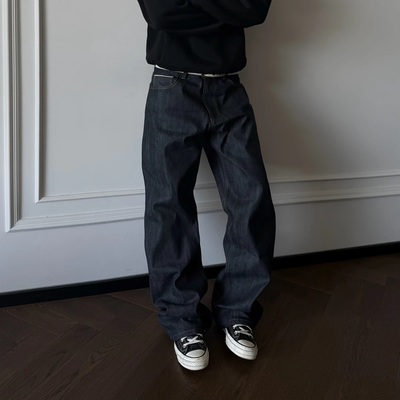 红边赤耳原牛复古直筒纯色牛仔裤