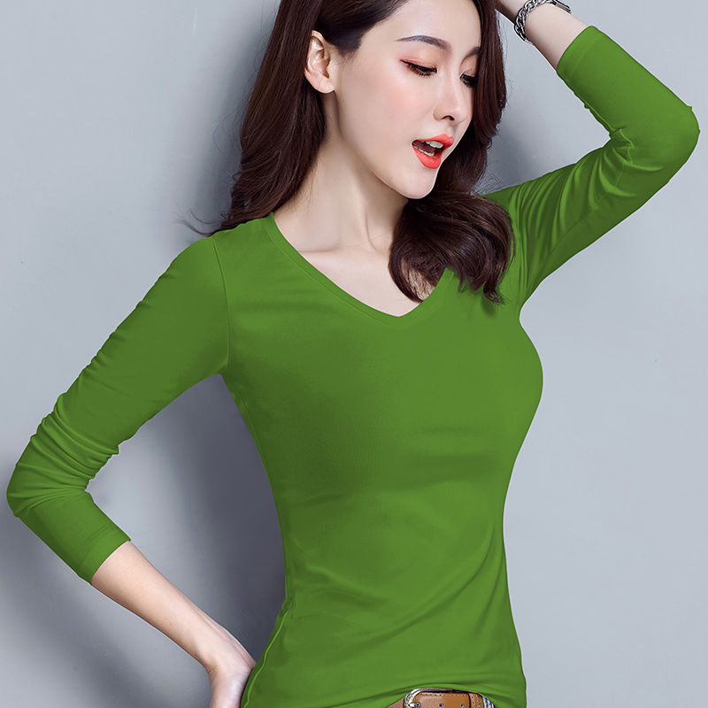 纯棉牛油果绿V领打底衫女长袖2019加绒加厚保暖修身鸡心领秋上衣T