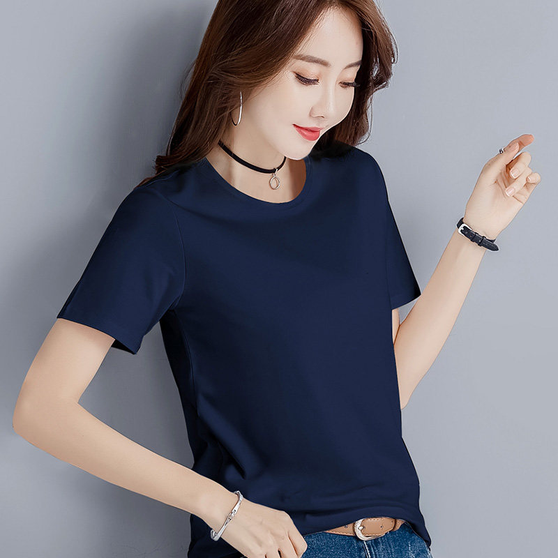 藏青色t恤女纯棉宽松大码2019新款夏装半袖体恤百搭ins潮上衣白色