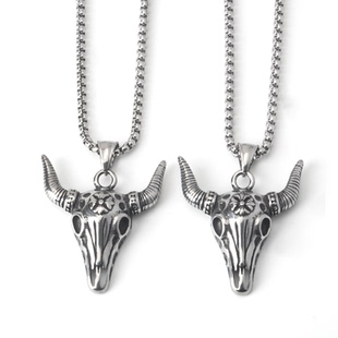 不锈钢简约百搭时尚山羊头骨动物吊坠钛钢男女街头时尚长款项链