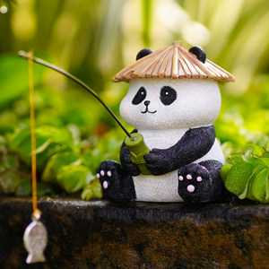 可爱熊猫钓鱼鱼缸假山造景装饰