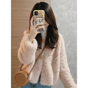 绝美巨好看的冬装粉色温柔风小个子短款加绒加厚羊羔毛绒外套女款