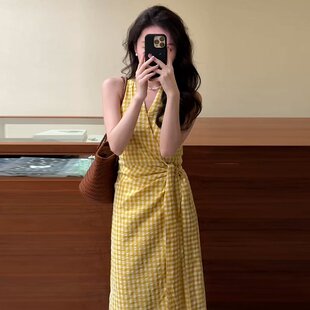 小个子海边度假长裙 法式 黄色格子无袖 背心连衣裙子女夏季 2025新款