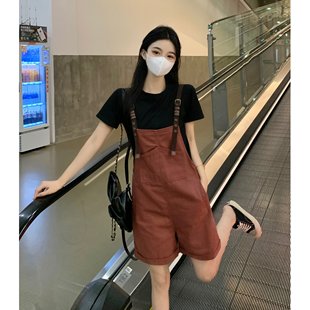 胖mm减龄显瘦洋气两件套 黑色正肩T恤背带阔腿短裤 套装 女夏季 大码