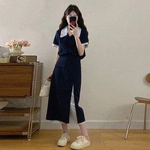 套装 大码 搭配一整套胖mm高级感洋气藏蓝色条纹拼接西装 女装 裙 夏季