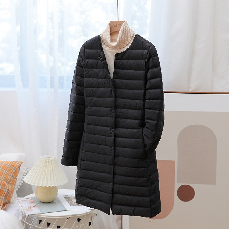 跨境轻薄羽绒服女中长款圆领时尚大衣内搭V领保暖大码内胆外套潮